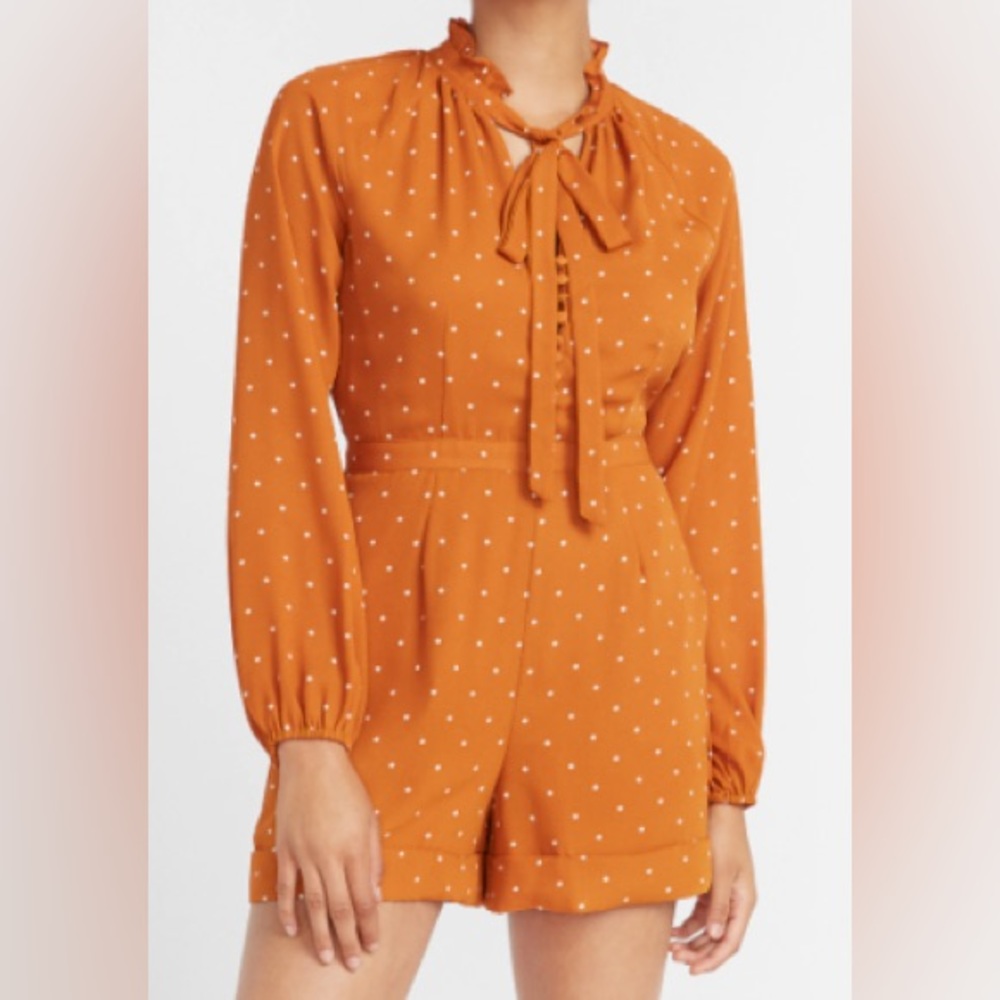 Express X LADYGANG Polka Dot Tie Neck Romper